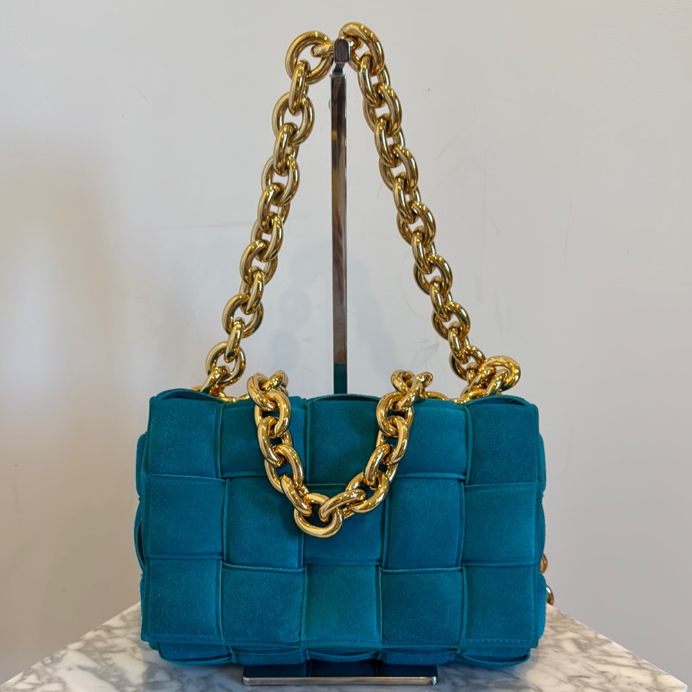 Bottega Teal Woven Chain Shoulder Bag